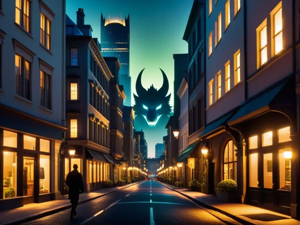 Una criatura mítica se oculta en la ciudad de noche, combinando elementos de dragón, hombre lobo y gárgola