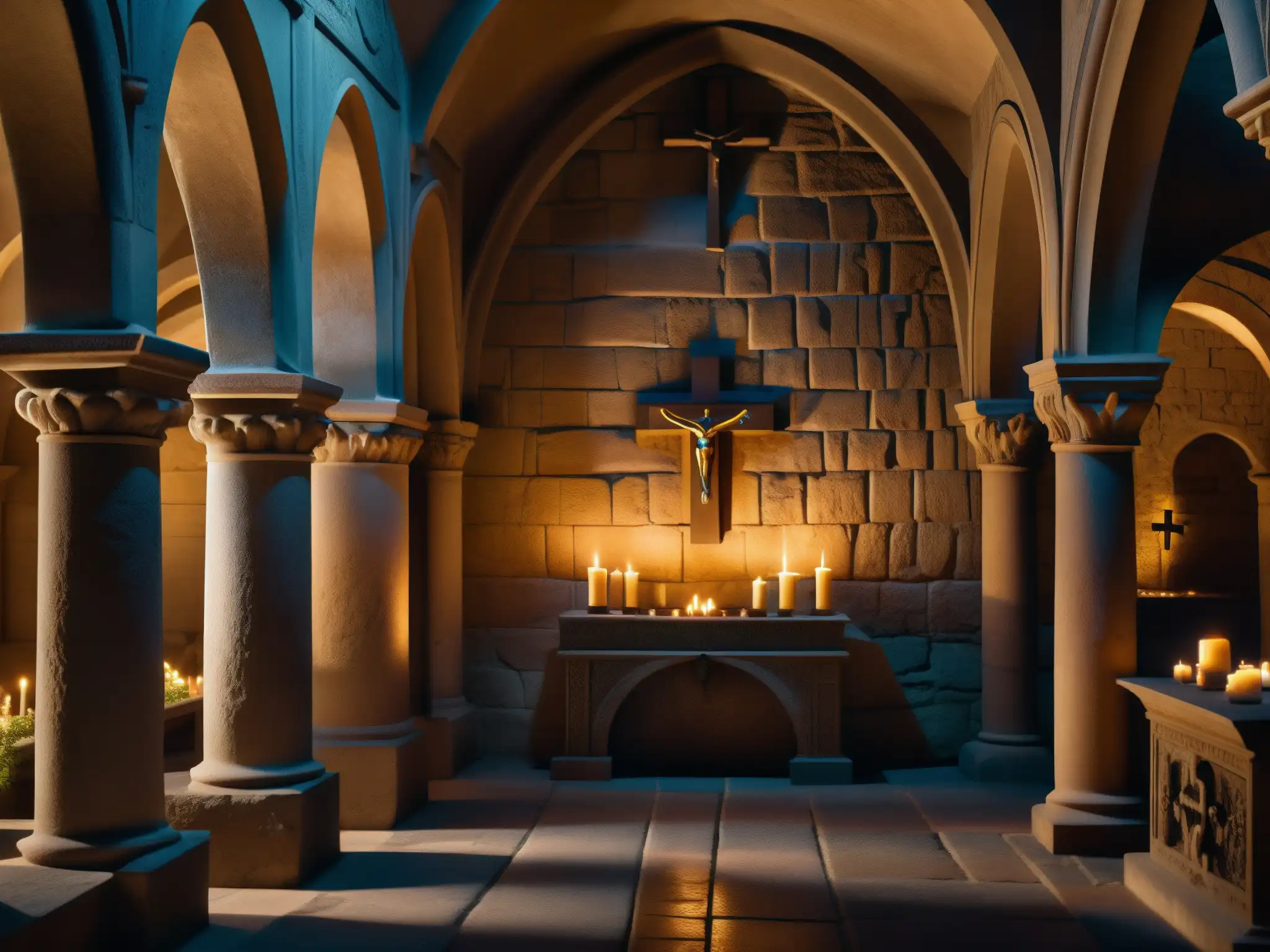 En la cripta medieval, tumbas cristianas antiguas con cruces ornamentadas y luz de velas, evocando solemnidad y misterio