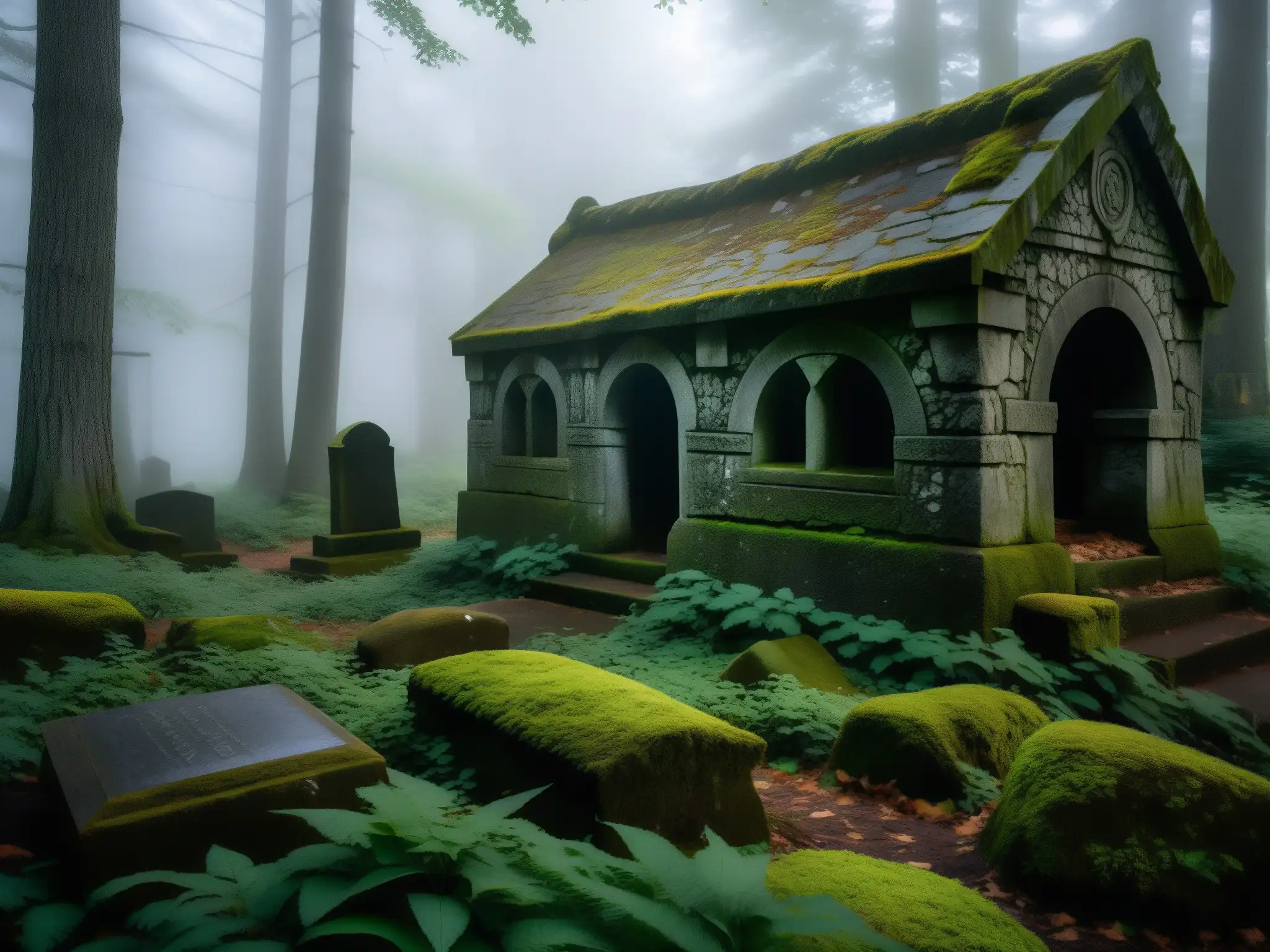 Una cripta de piedra cubierta de musgo en un antiguo bosque de Nueva Inglaterra