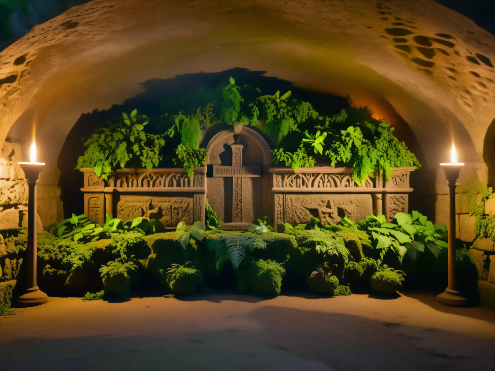 Una cripta subterránea con luces tenues y musgo en las paredes