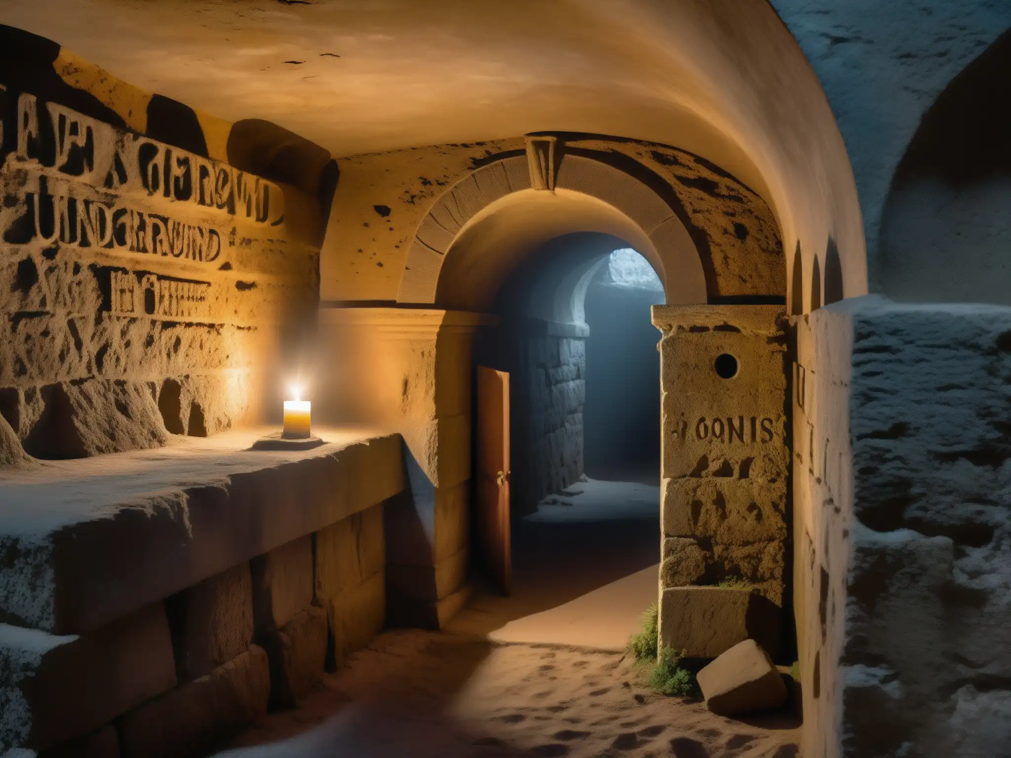 Una cripta subterránea lúgubre, con tumbas polvorientas y luces de vela titilantes