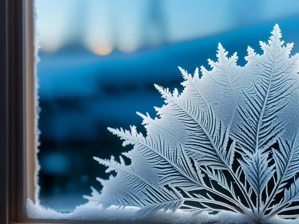 Un cristal de ventana cubierto de escarcha, con patrones de cristales de hielo y nieve cayendo al fondo