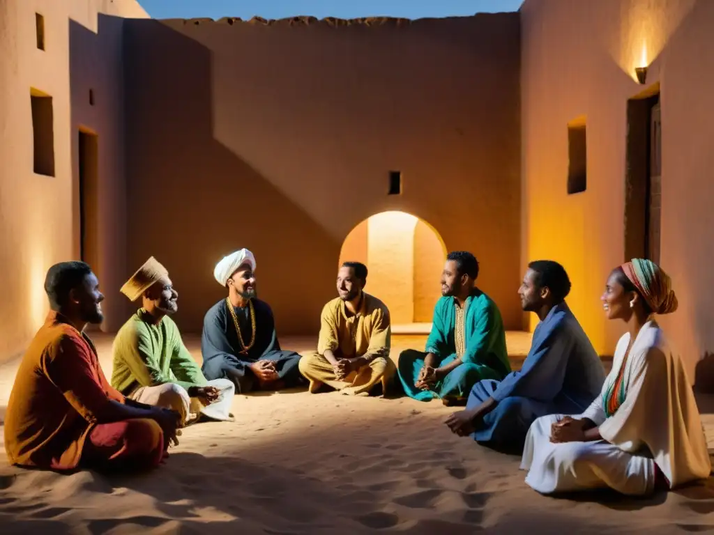 Cuentacuentos urbanos espirituales en Mauritania, cautivando a la audiencia con relatos ancestrales bajo la luz de la luna