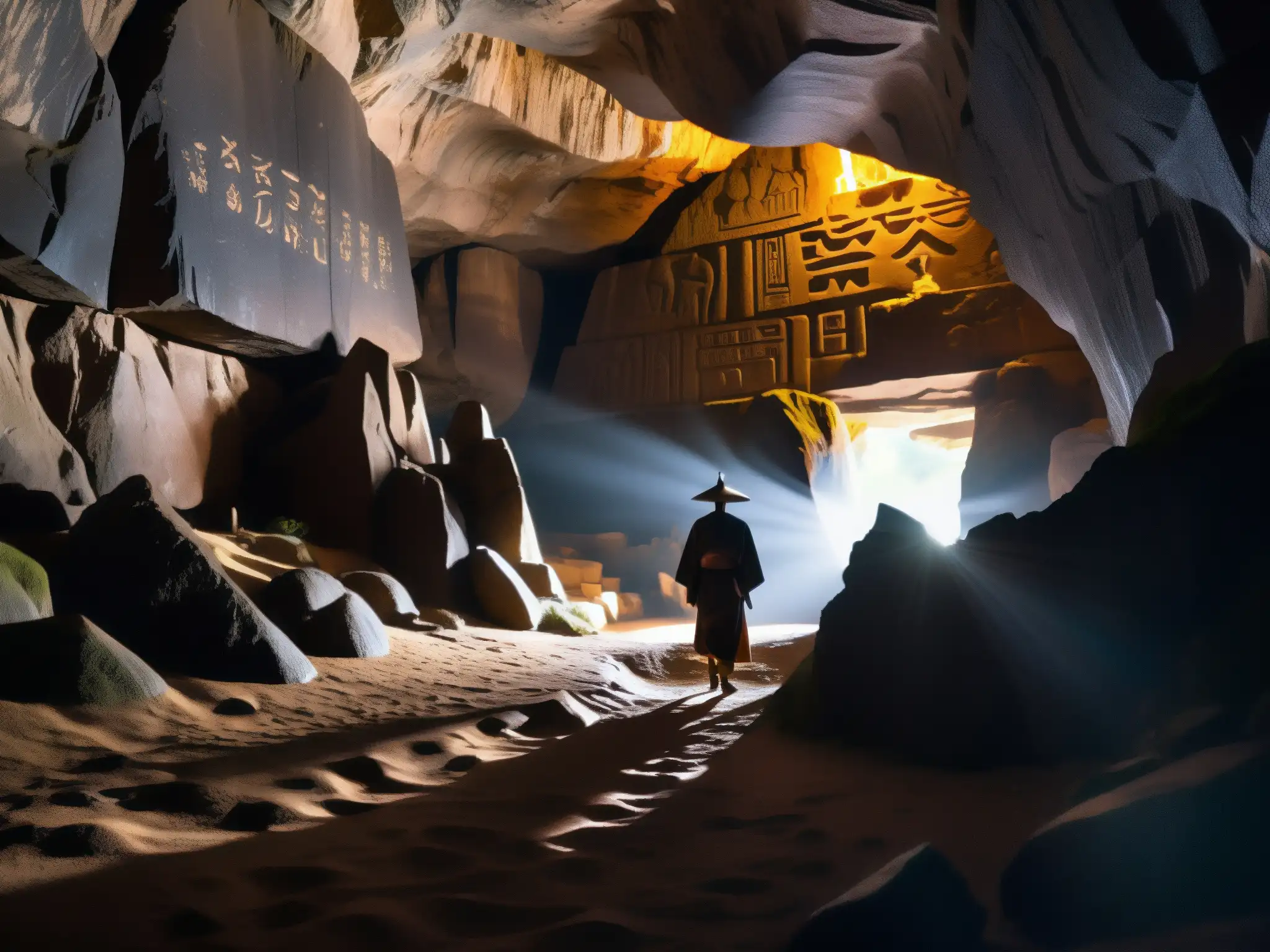 Una cueva laberíntica en Japón, iluminada débilmente, con sombras misteriosas y jeroglíficos antiguos