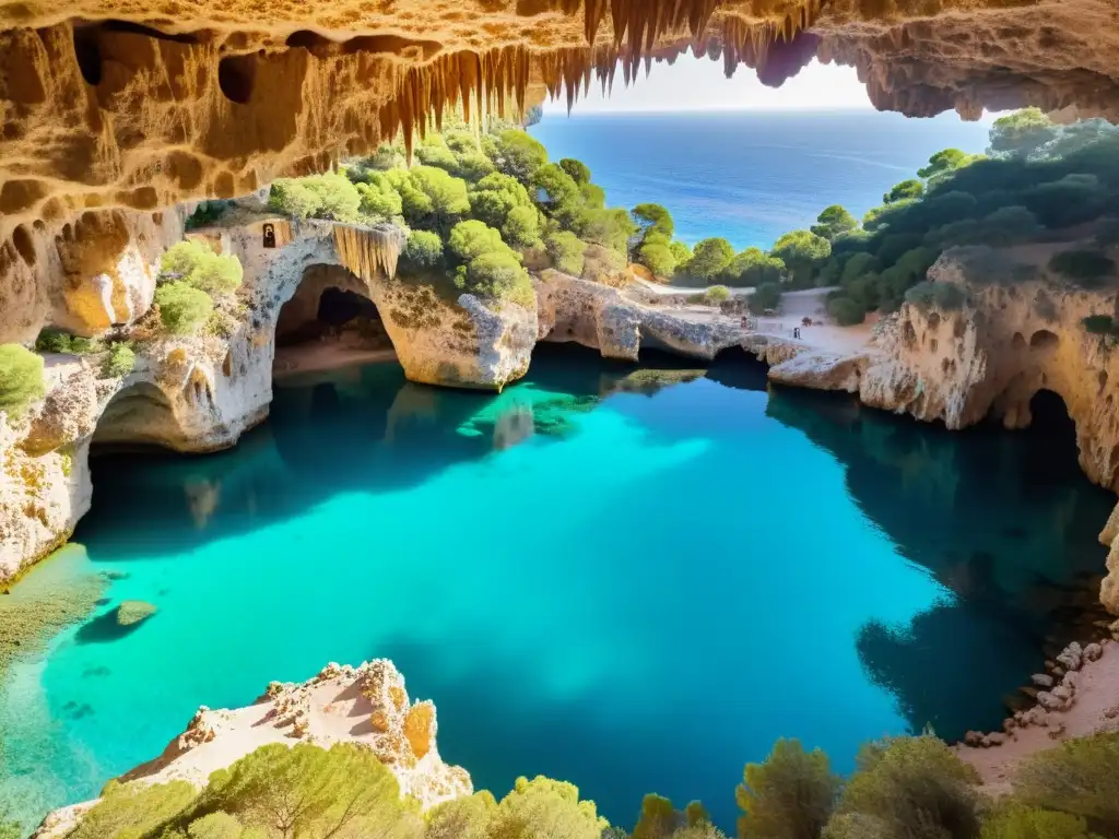 Explora la mística Cova del Drac en Mallorca, con sus cuevas subterráneas, estalactitas y estalagmitas, iluminadas por la luz solar