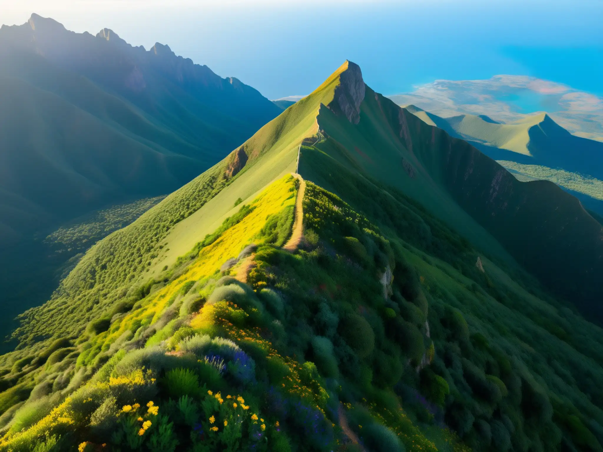 Culto al Cerro de las Culebras: majestuosa vista aérea de la montaña envuelta en misterio y belleza natural, con sendero serpenteante y hikers