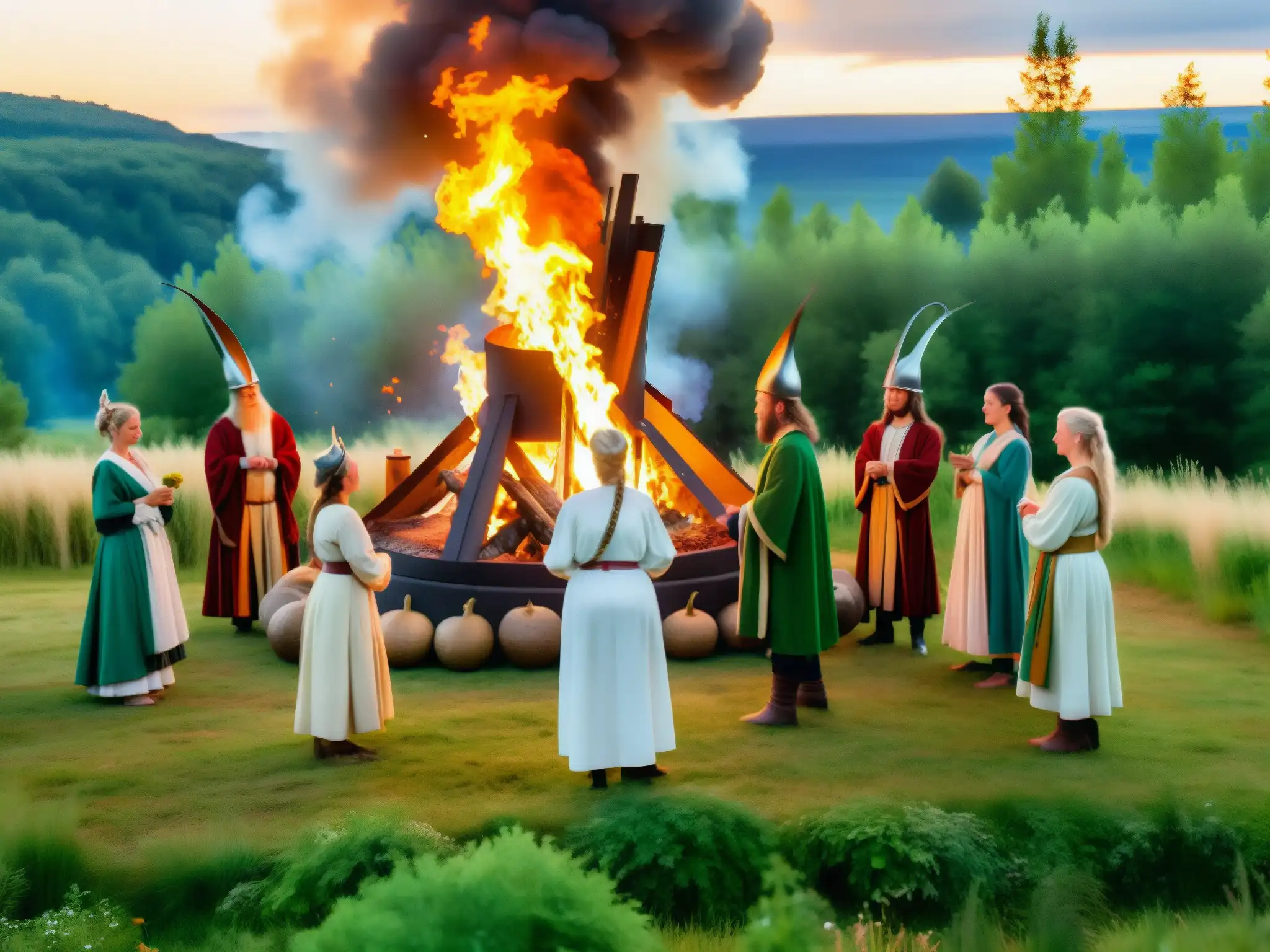 Culto secreto a Frey en un bosque sueco, mujeres danzando alrededor del fuego con hombres tocando instrumentos ceremoniales