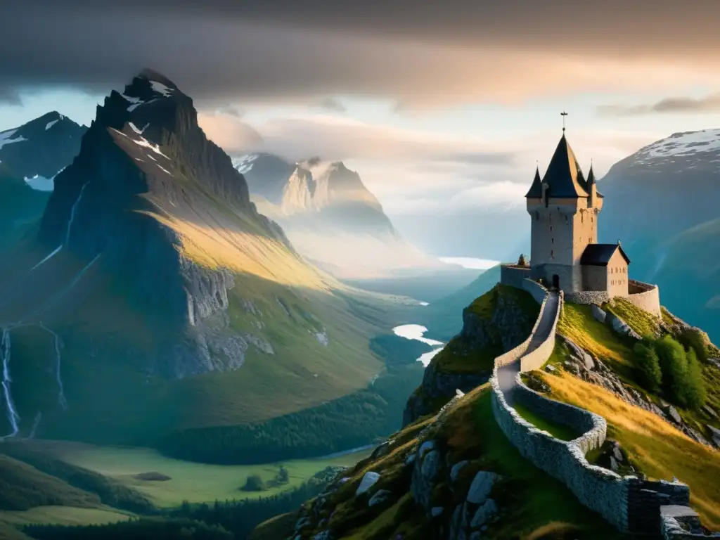 Dama Blanca Noruega: espíritu en castillo de montaña con aura misteriosa y atmósfera fantasmal
