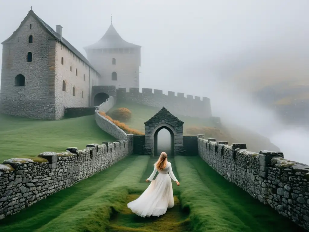La Dama Blanca Noruega pasea por un castillo medieval envuelto en niebla, evocando misterio y leyendas