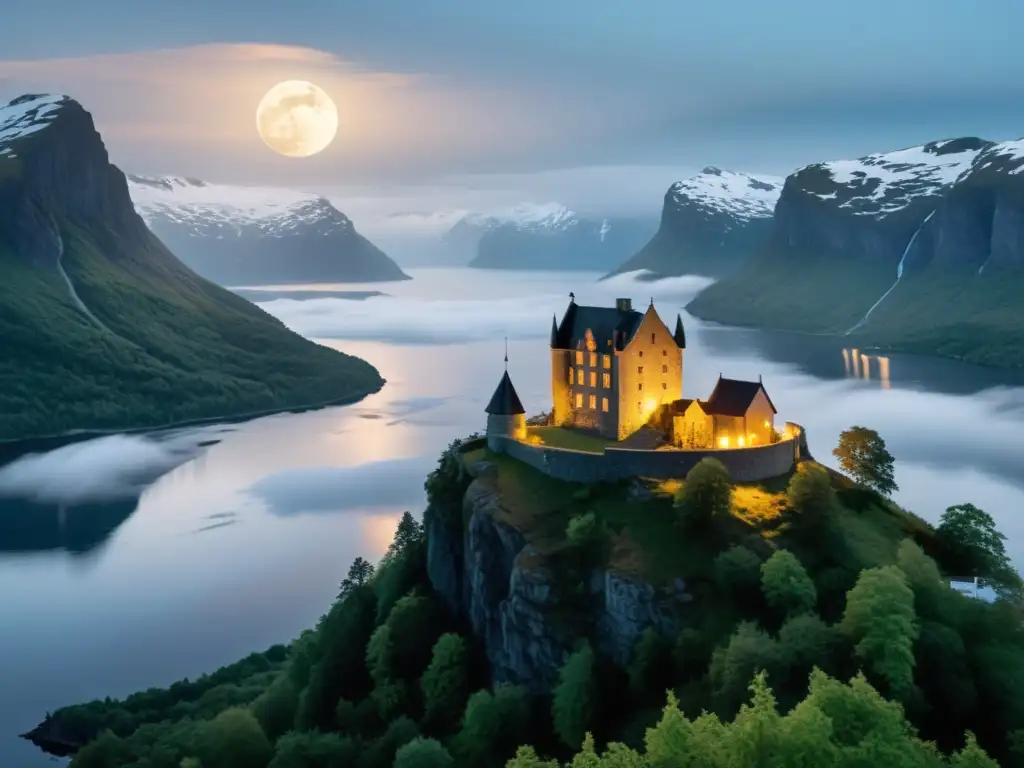 Dama Blanca Noruega se asoma desde el castillo envuelto en niebla sobre el fiordo, bajo la luz de la luna