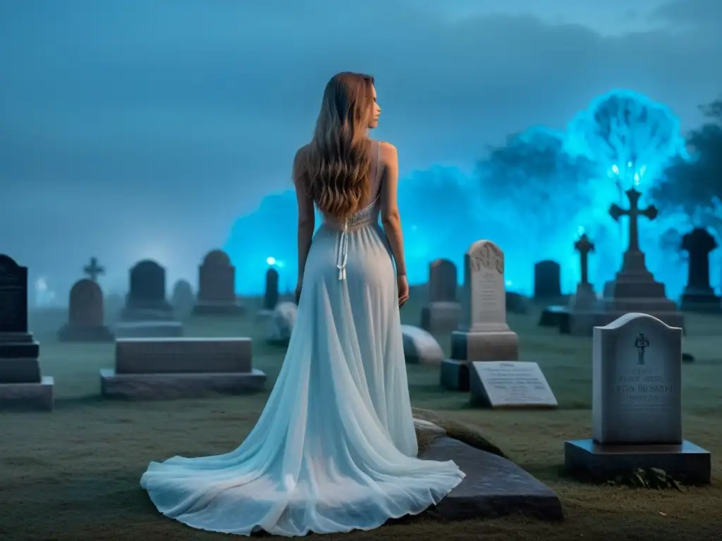 Dama de Blanco en un cementerio brumoso y lúgubre, su figura etérea iluminada por una misteriosa luz azul
