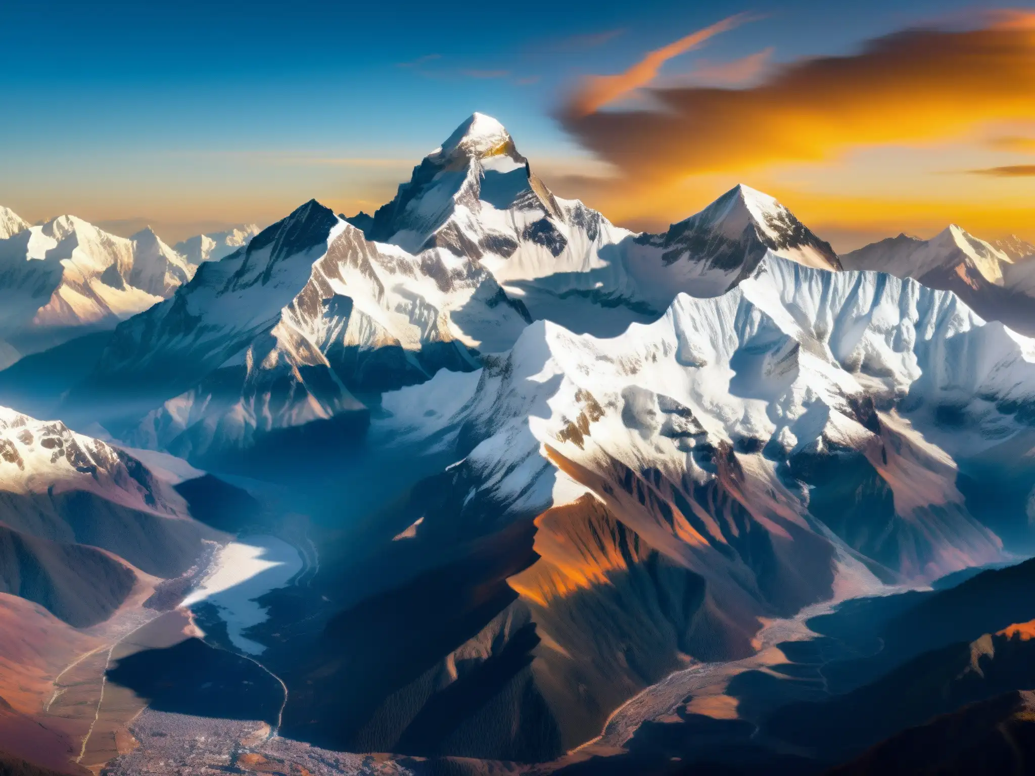 Dama de Blanco Nepal mito: Majestuosas montañas nevadas al atardecer, bañadas en cálida luz dorada, reflejando la belleza serena del paisaje nepalés