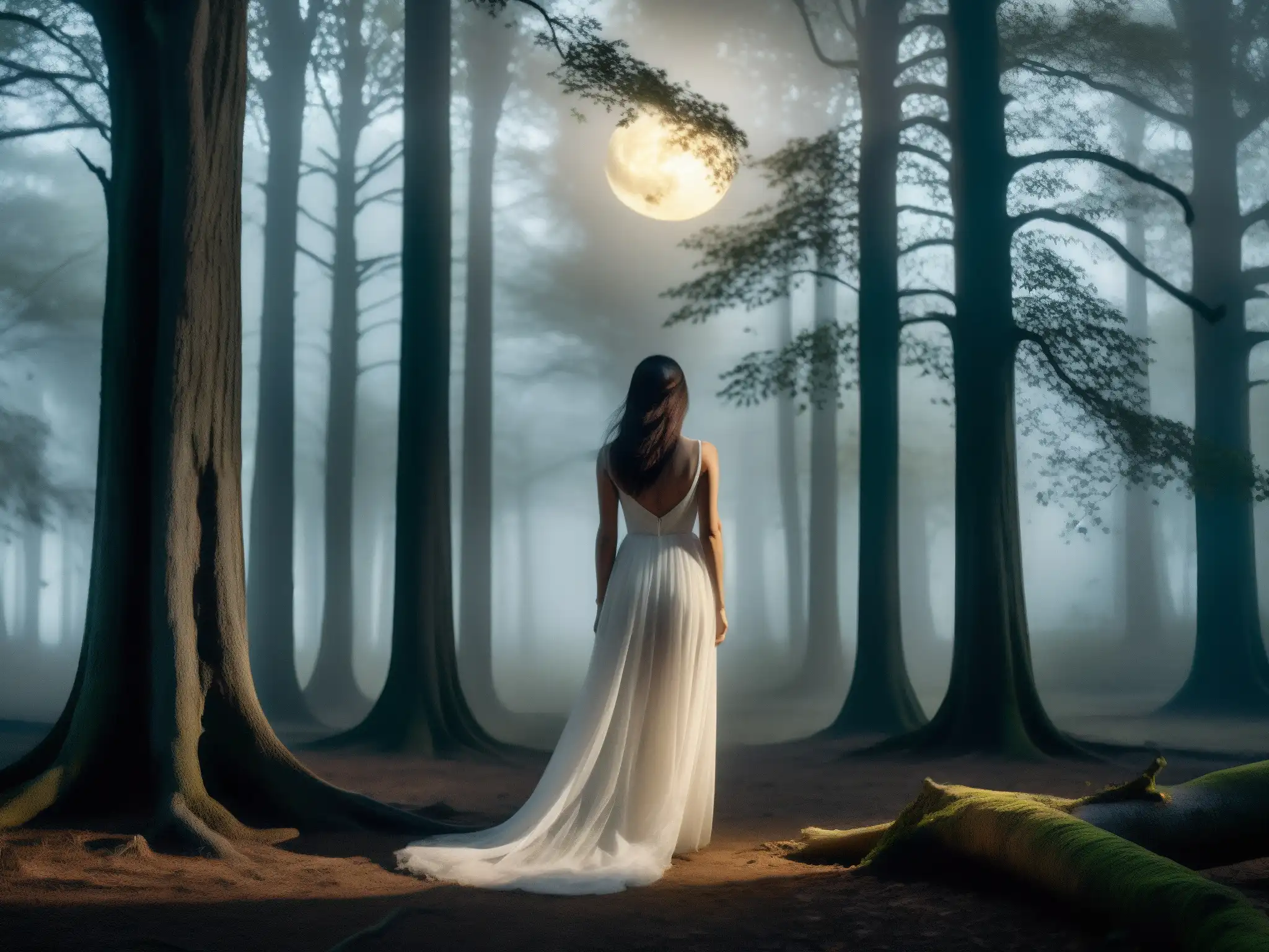 Dama de Blanco mito urbano: Figura misteriosa en el bosque nocturno, entre la niebla y árboles ancestrales