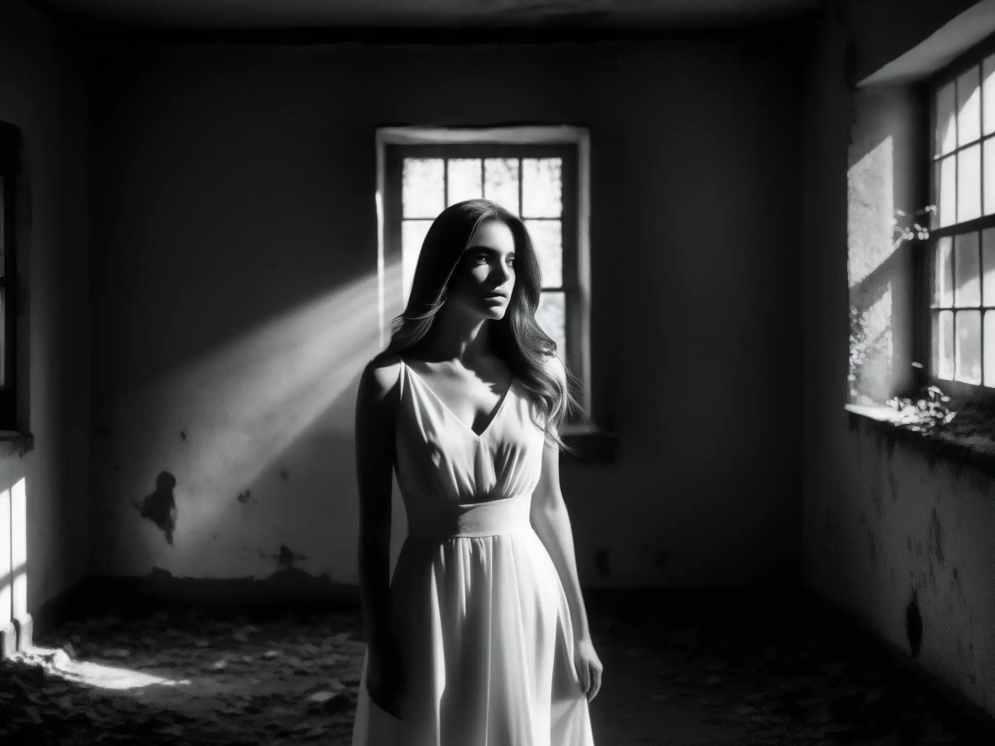 Dama de Blanco mito urbano: Figura misteriosa en vestido blanco en mansión abandonada con enredaderas, creando una atmósfera intrigante y misteriosa