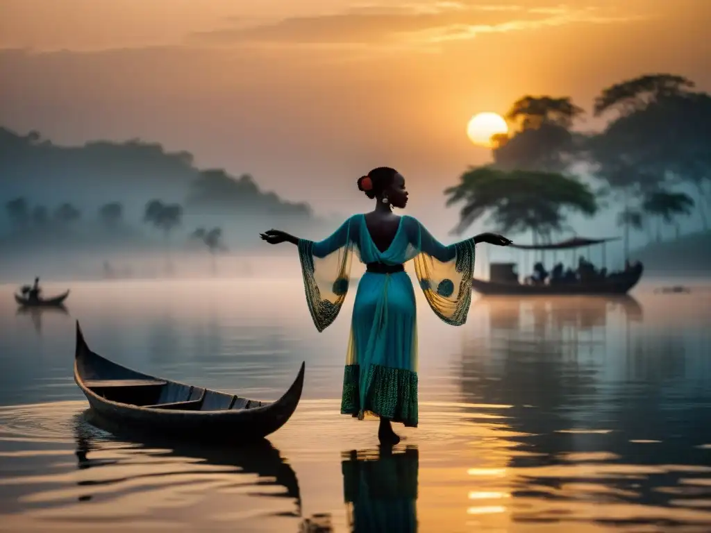 Dama del Lago Volta Ghana: mujer de pie en el lago al atardecer, rodeada de niebla y barcas pesqueras tradicionales