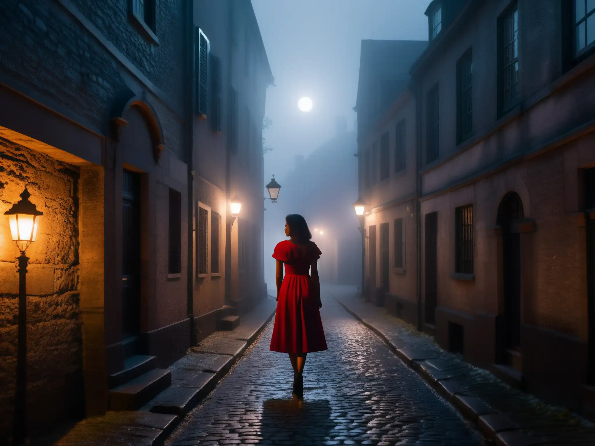 Dama de Rojo en la calle Quemada: misteriosa silueta en la noche, envuelta en niebla, creando una atmósfera inquietante y mítica