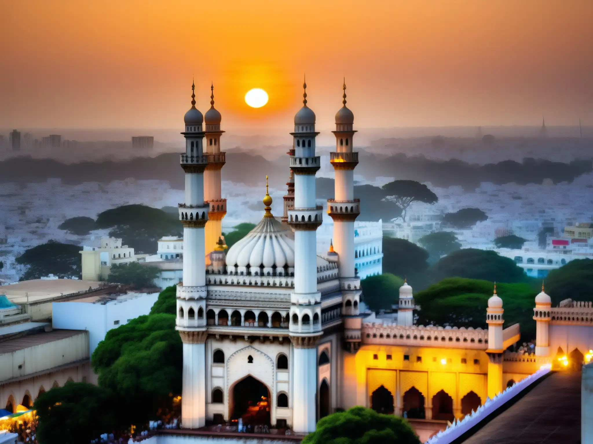 La Dama de la Torre de Charminar brilla bajo el cálido atardecer, destacando su majestuosa arquitectura islámica en la India