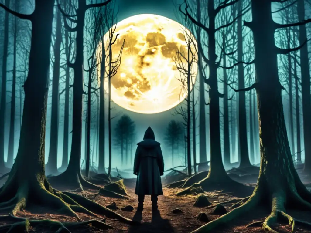 Un demonio de la pesadilla surge en el escalofriante bosque escandinavo de noche, evocando los orígenes del demonio de la pesadilla