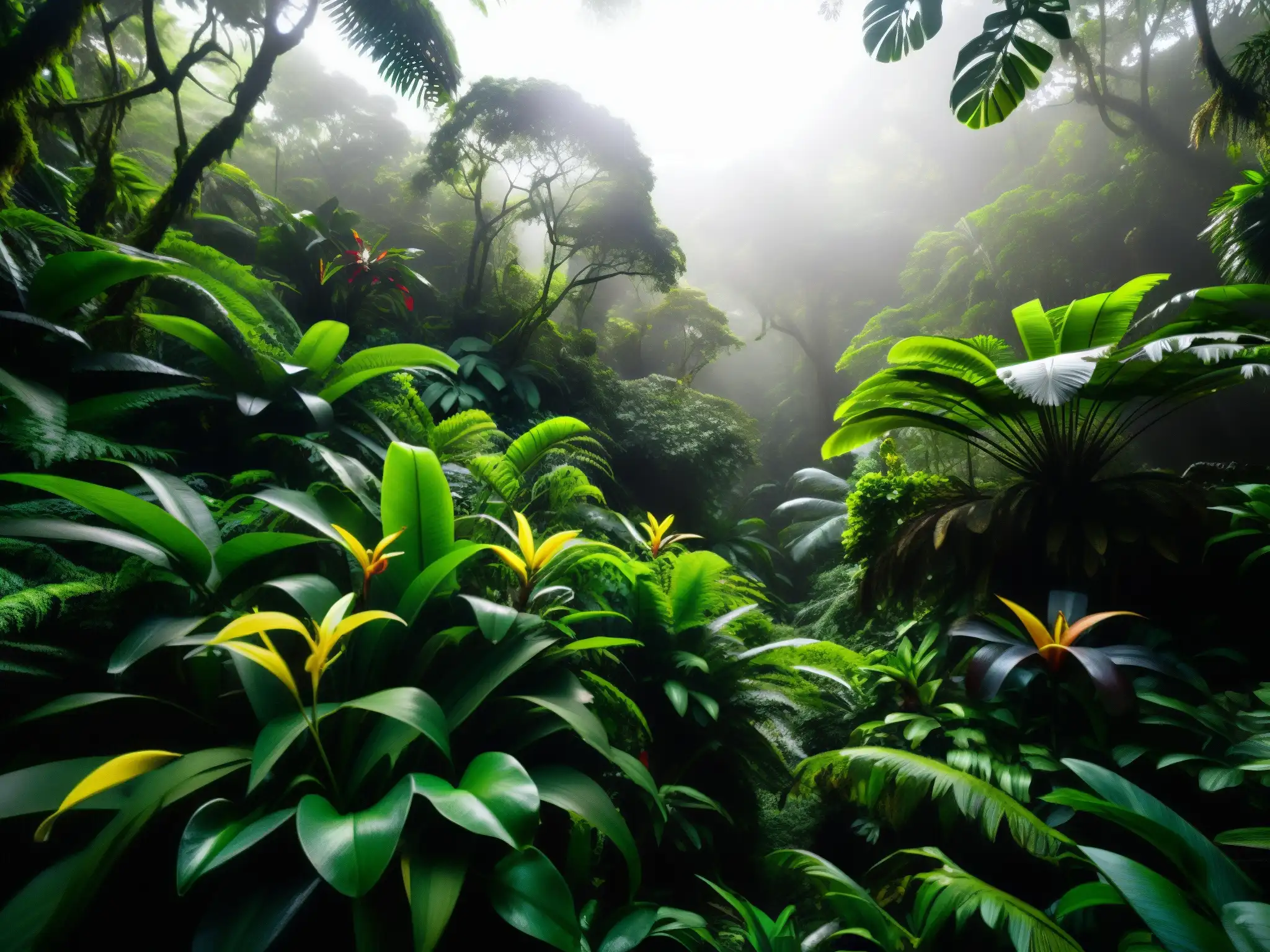 La densa selva del Pacífico ecuatoriano, con luz filtrándose entre las hojas, creando un juego dramático de luces y sombras en el suelo