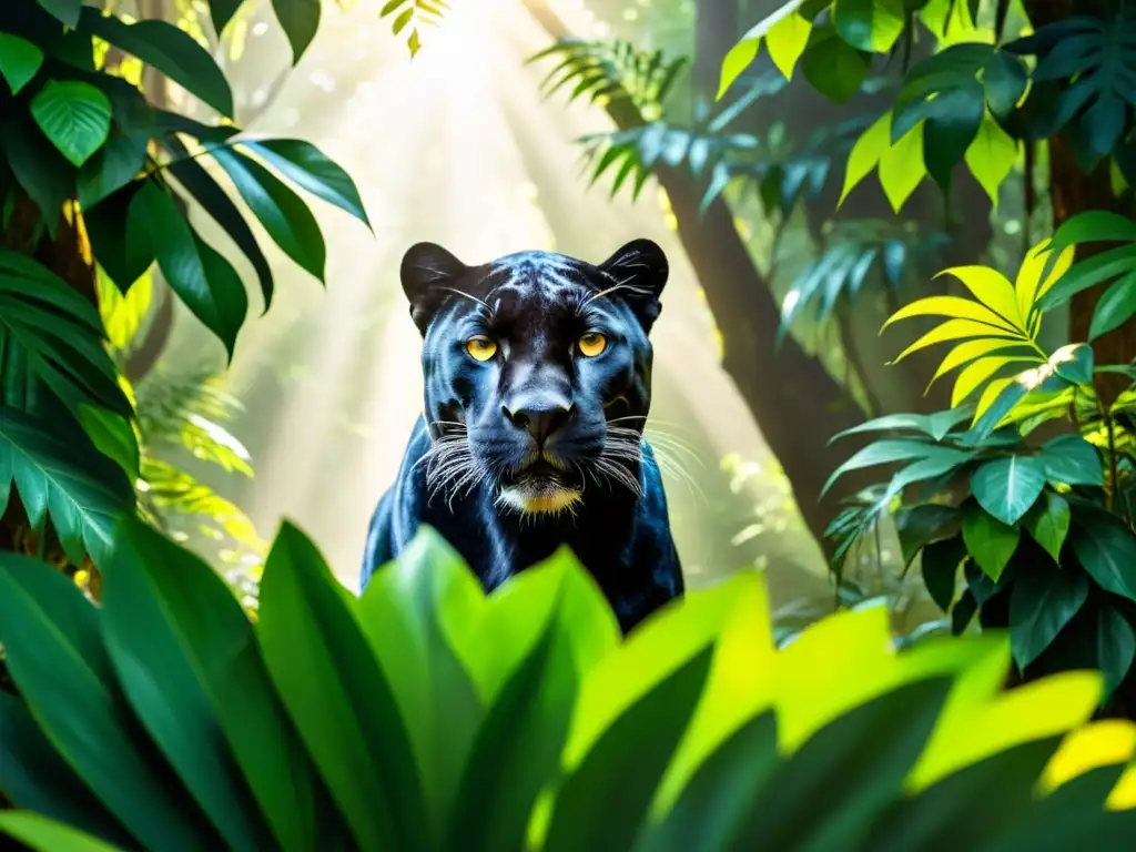 La densa selva revela la majestuosa presencia de un poderoso y enigmático jaguar negro, exudando una aura de peligro y gracia