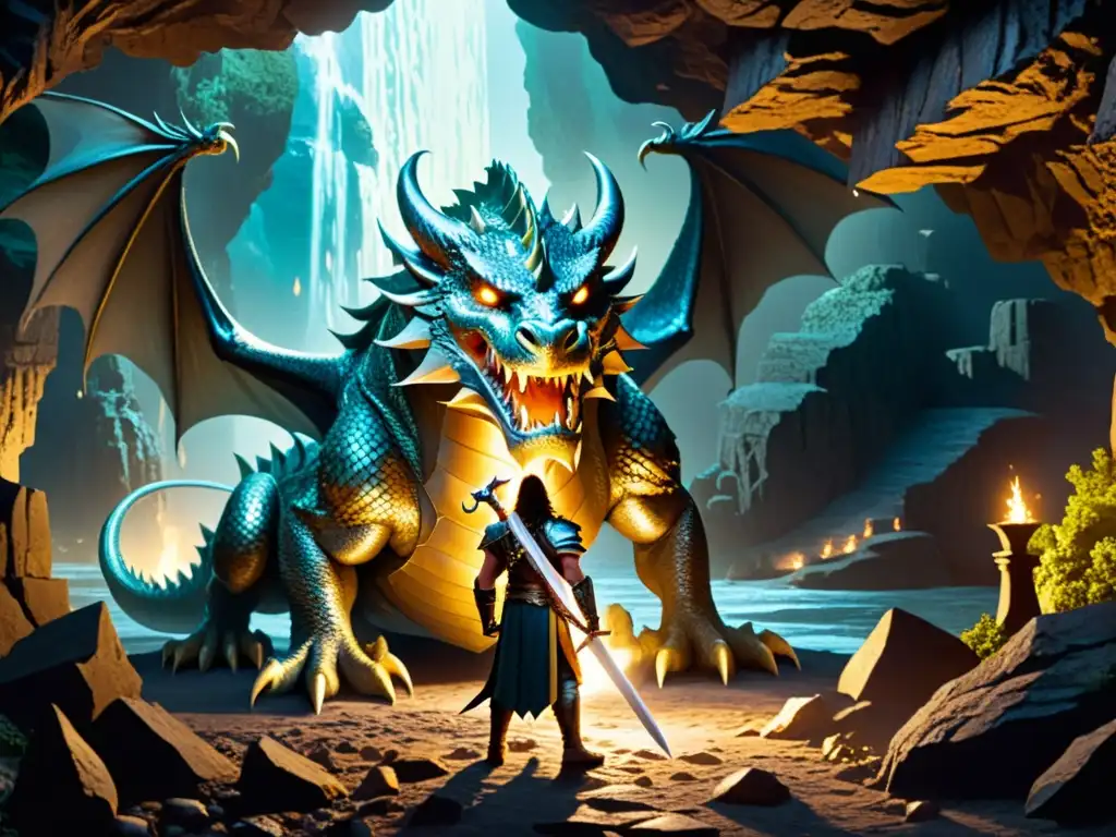 Sigurd desafiante enfrenta al temible Fafnir en una cueva llena de tesoros, escena épica de la leyenda Sigurd y Fafnir