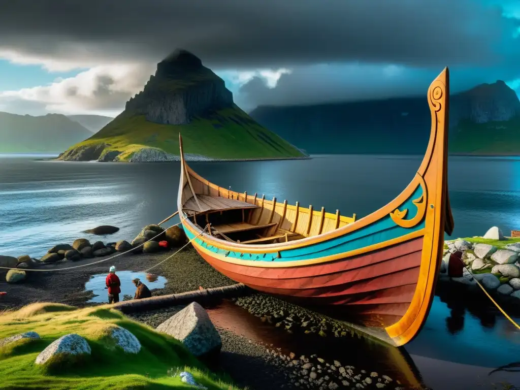 Descubrimientos recientes de mitos vikingos: Un Vikingo bien conservado descansando en la costa nórdica, rodeado de arqueólogos y un cielo tormentoso