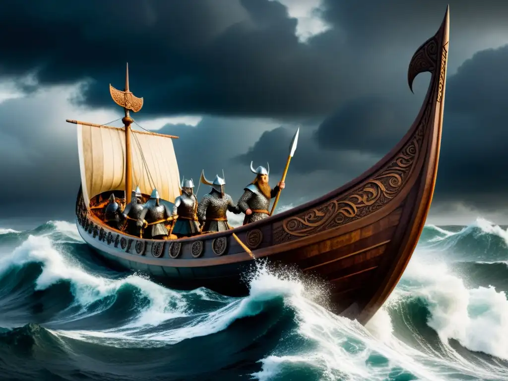 Descubrimientos recientes de mitos vikingos: Un barco vikingo navega en mares tempestuosos, guerreros reman con determinación