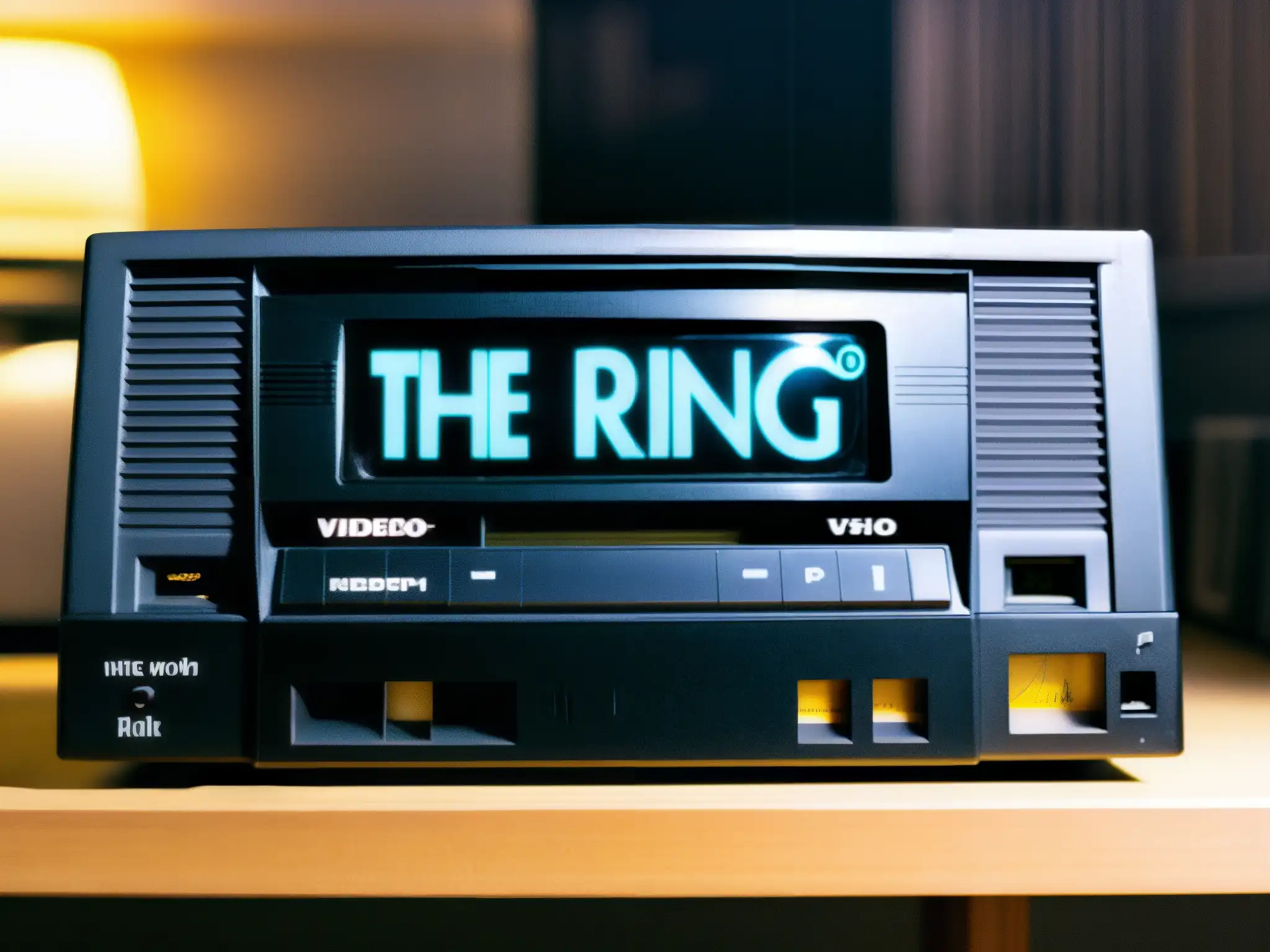 Un VHS desgastado con 'The Ring' escrito a mano, insertado en un VCR vintage