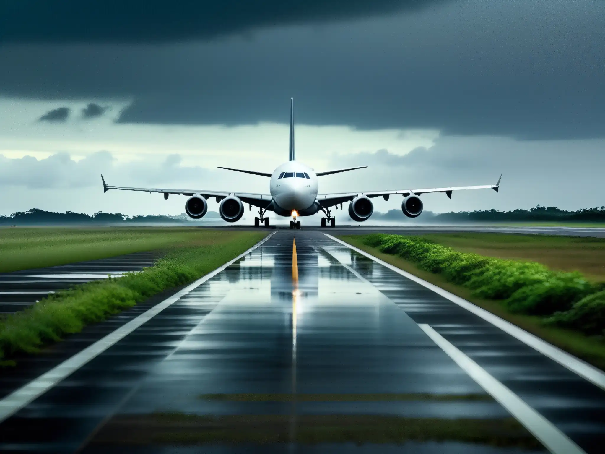 Desolada pista de aeropuerto abandonado con restos de avión y cielo sombrío, evocando misterio y teorías conspiración MH370