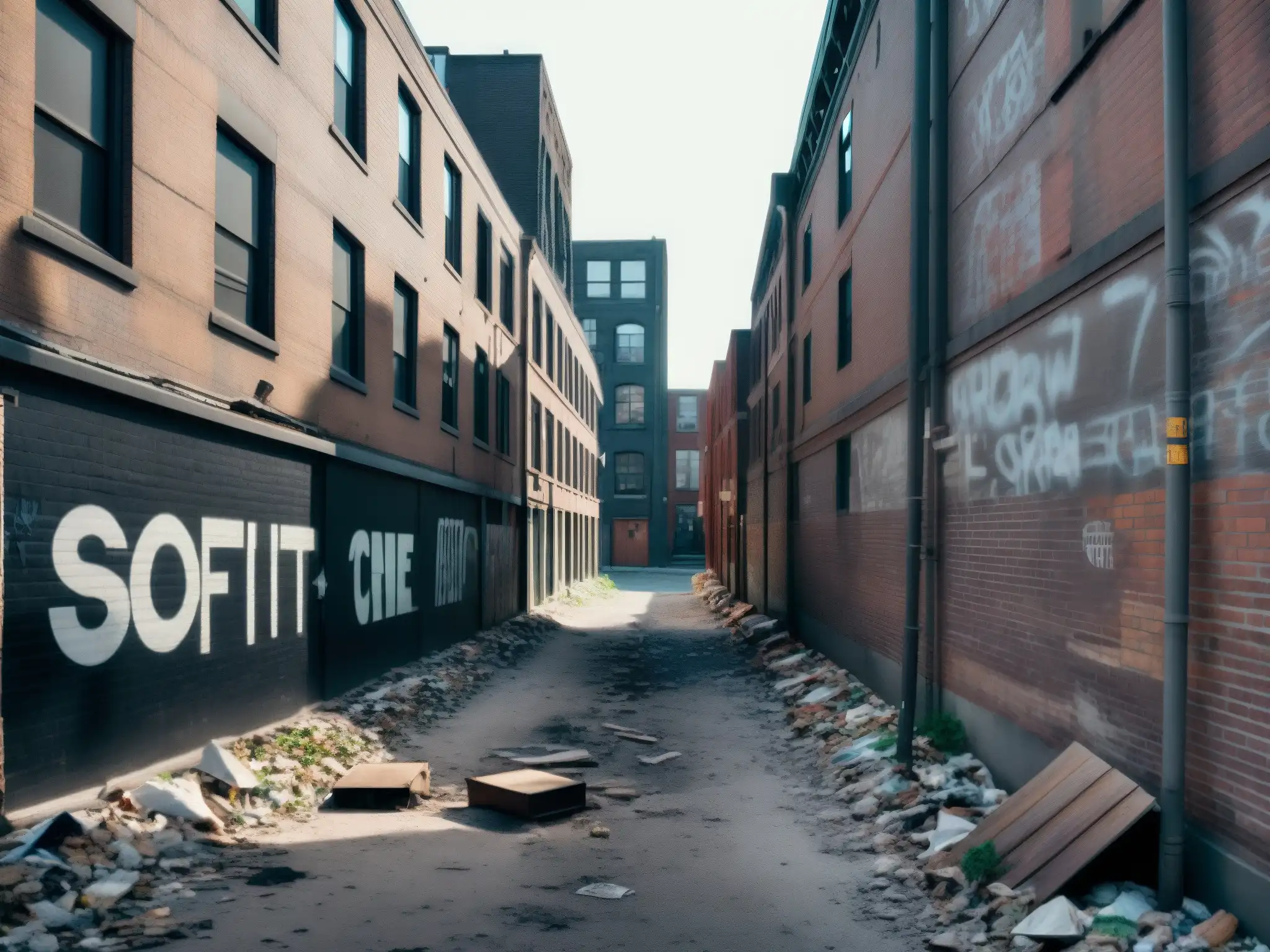 Un desolado callejón de Toronto con edificios altos y grafitis