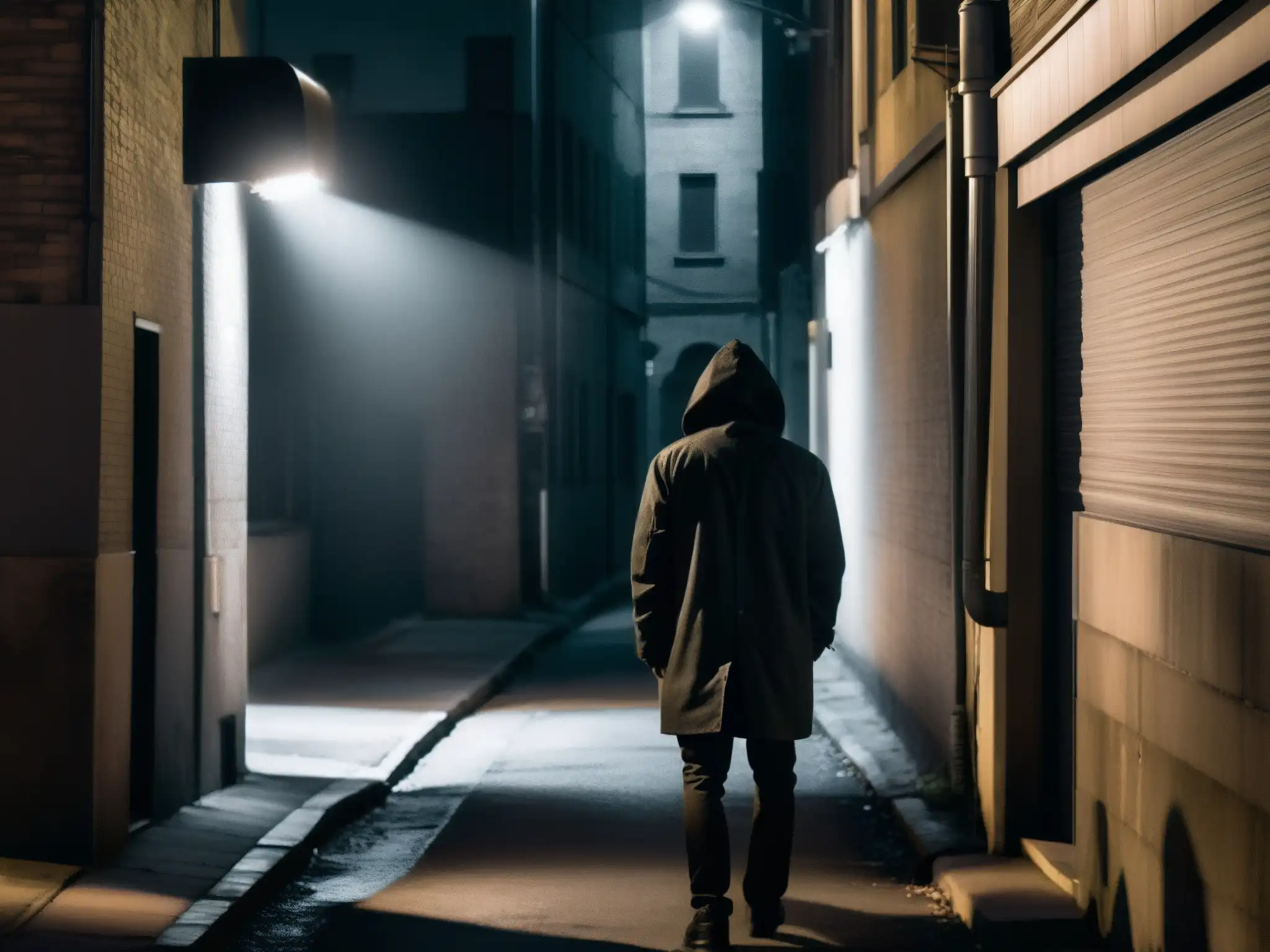 Alley desolado de la ciudad de noche, con una luz de calle parpadeante creando sombras inquietantes