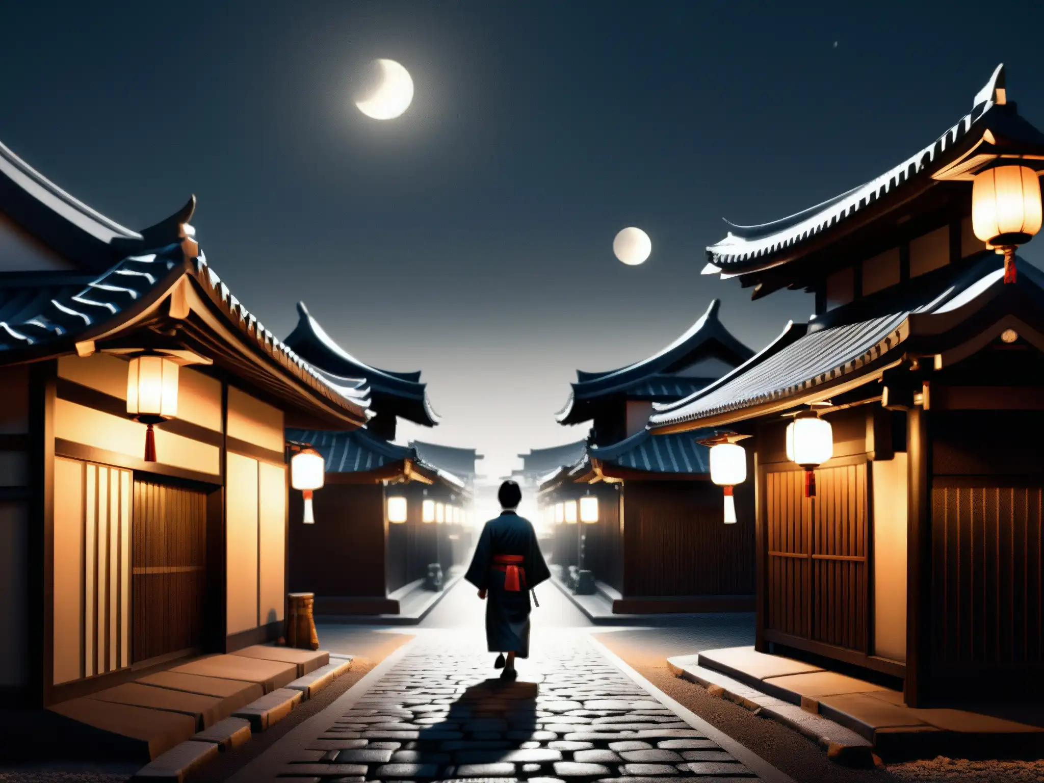 Detallada ilustración en blanco y negro de una calle tradicional japonesa de noche, iluminada por faroles brillantes