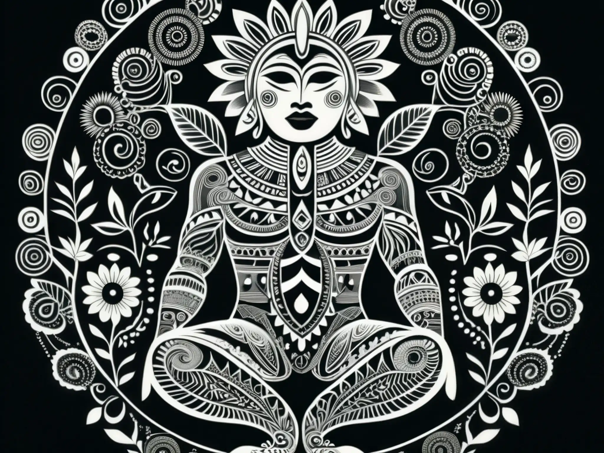 Ilustración detallada en blanco y negro de la transformación de un humano en un místico Nahual, con símbolos y patrones detallados