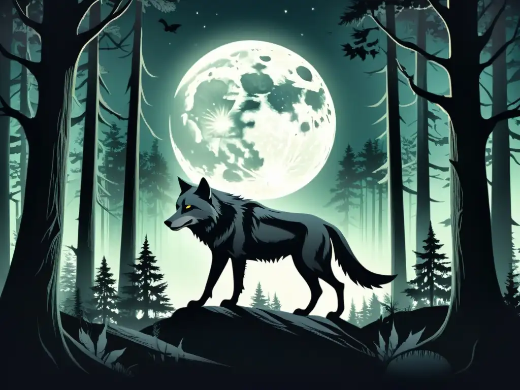 Ilustración detallada de un bosque oscuro y neblinoso de noche con la misteriosa silueta de una gran criatura similar a un lobo