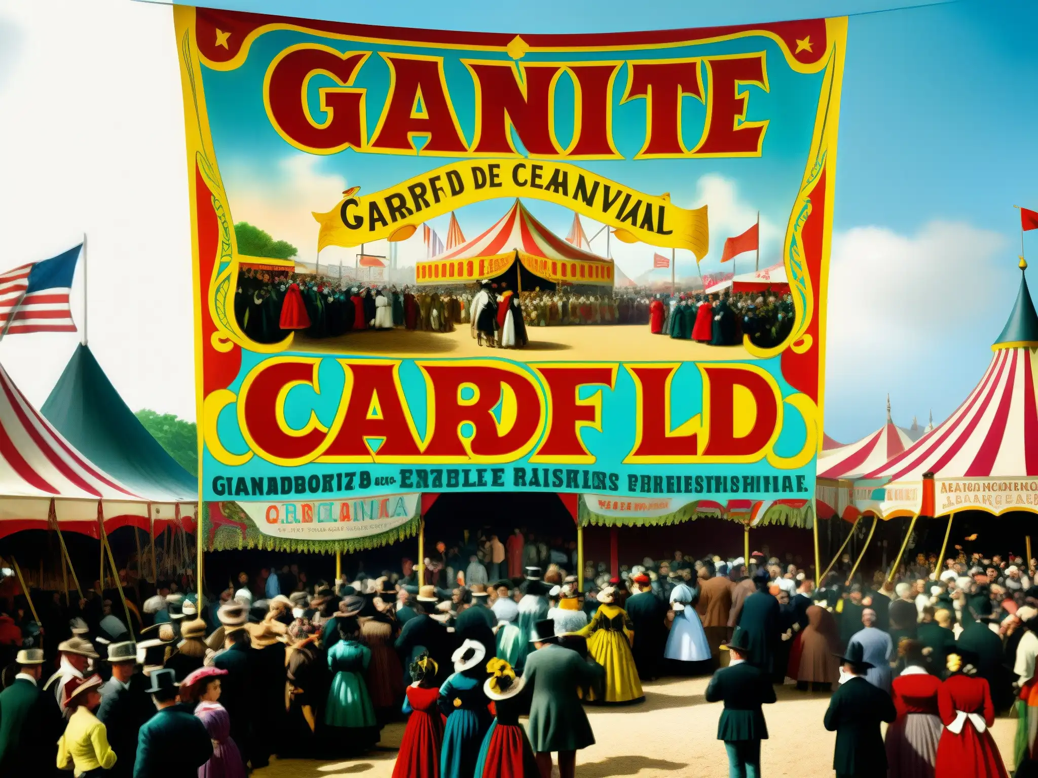Una fotografía detallada de un bullicioso carnaval del siglo XIX en América con un anuncio del 'Gigante de Cardiff'