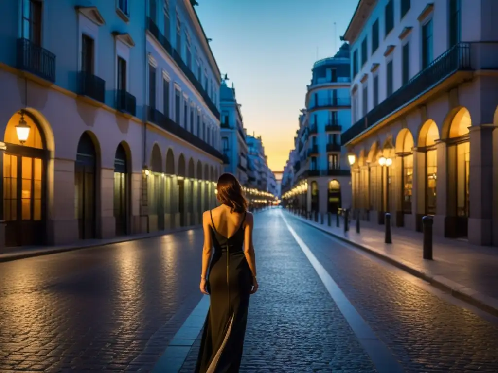 Una fotografía detallada de la calle Amaniel en Madrid al anochecer, evocando la historia de amor y tragedia de la leyenda de la Dama de Amaniel