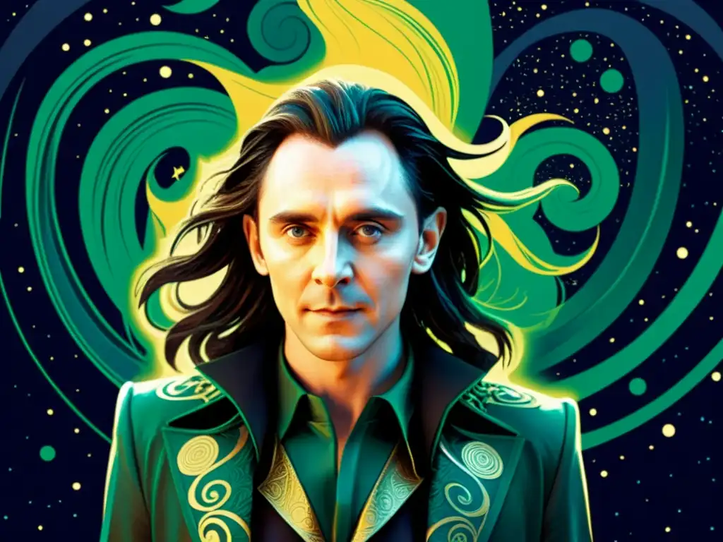 Ilustración detallada de Loki, dios nórdico, en caos cósmico