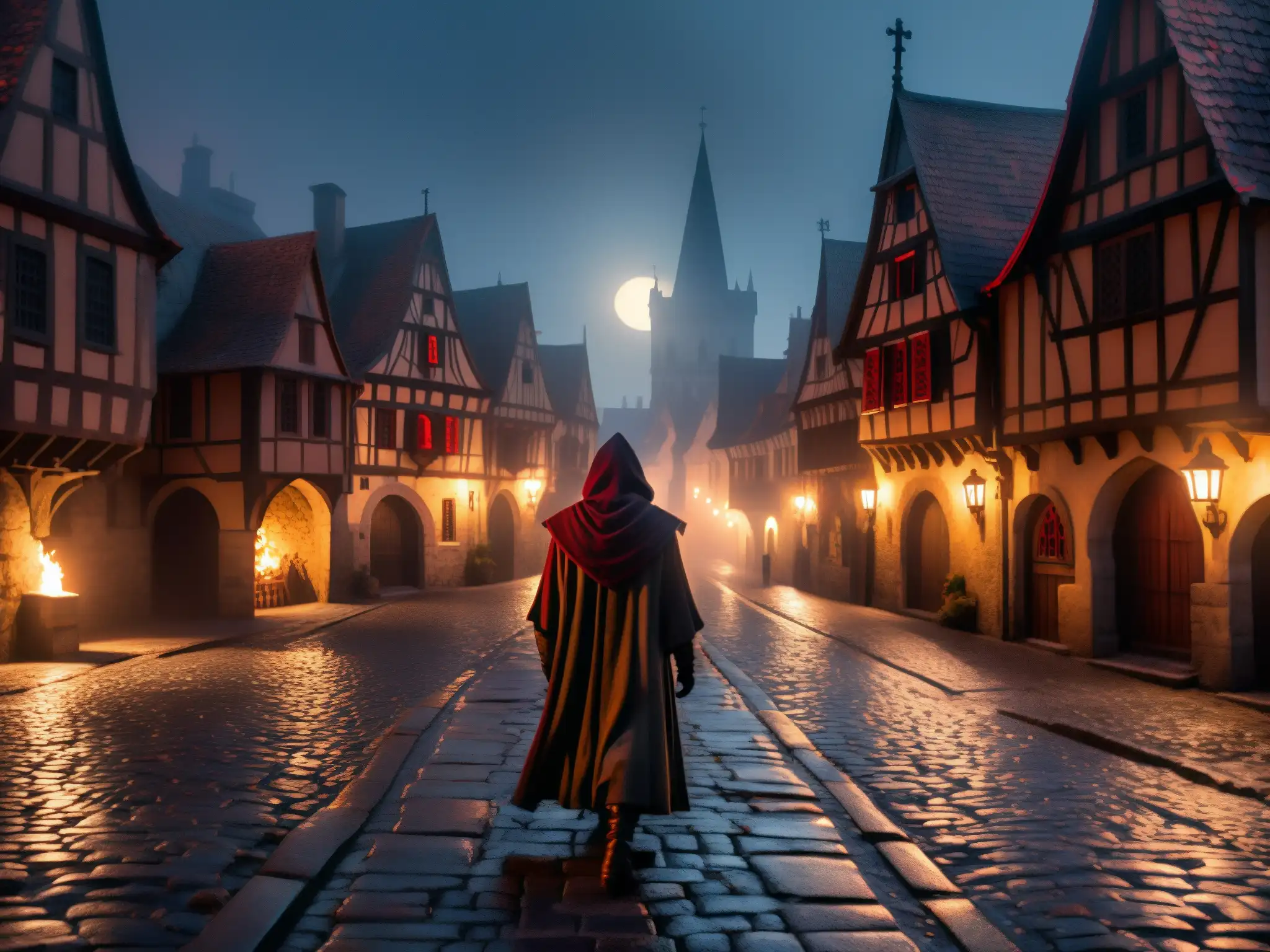 Detallada ilustración de una ciudad europea medieval de noche, iluminada por antorchas y luna