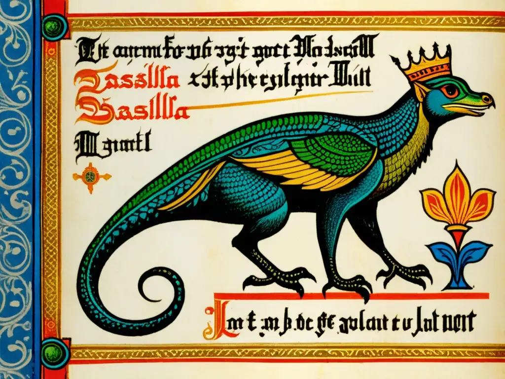 Detallada ilustración medieval del Basilisco de Sevilla con colores vibrantes y detalles intrincados, capturando su esencia legendaria