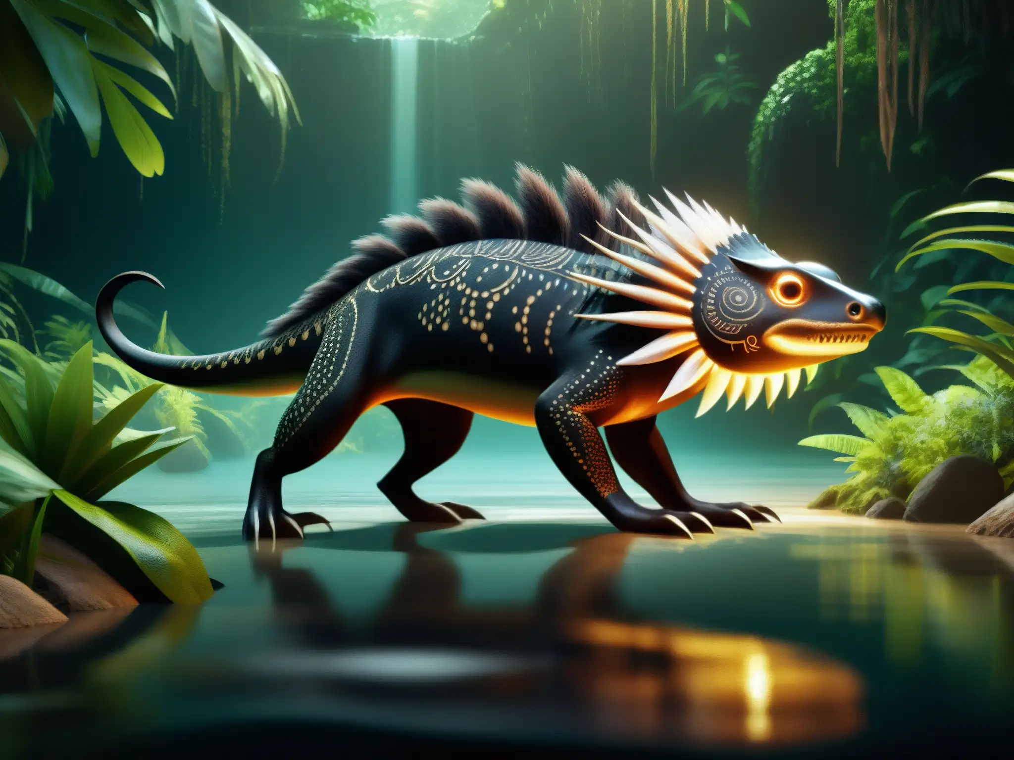Ilustración detallada de la criatura acuática Ahuizotl prehispánica acechando en un río de la selva, emanando terror y peligro
