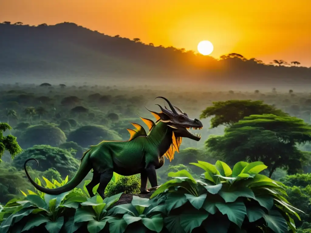 Una fotografía detallada de la densa selva de Gambia al anochecer con la silueta de una misteriosa criatura similar a un dragón