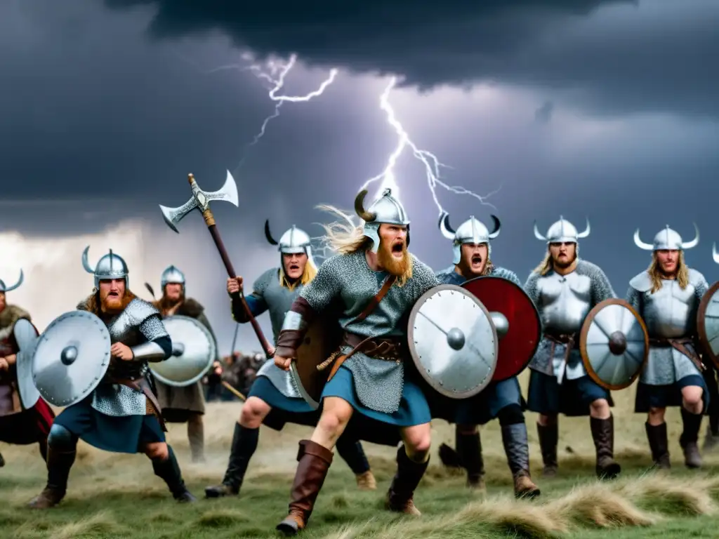 Recreación detallada de una escena de batalla vikinga con guerreros, hachas y espadas, en un cielo tormentoso