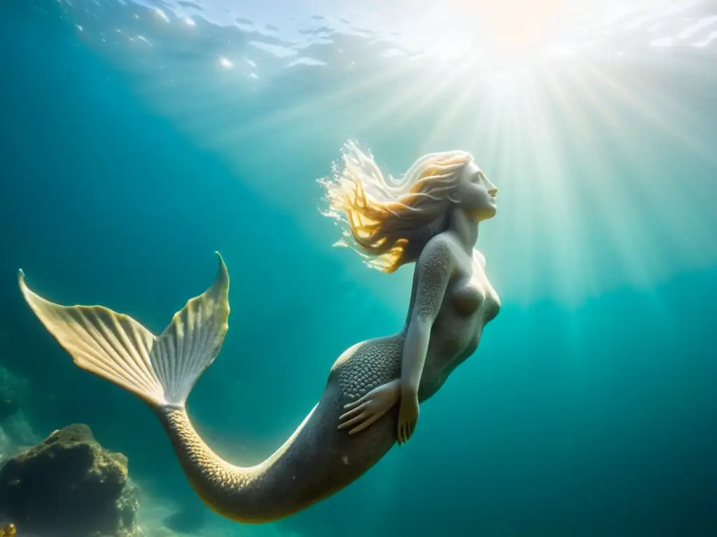 Detallada escultura de La Sirena de Gibraltar mito emerge en aguas cristalinas, evocando misterio y belleza ancestral