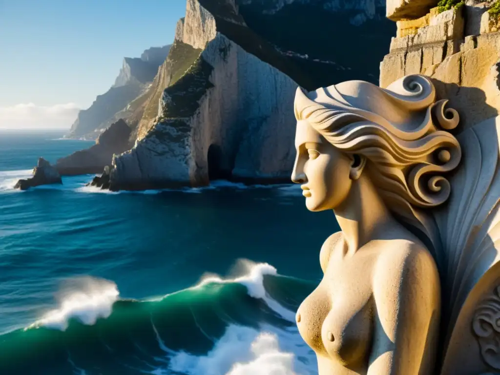 Detallada escultura de La Sirena de Gibraltar mito, en piedra antigua, con dramática iluminación y fondo de acantilados y olas