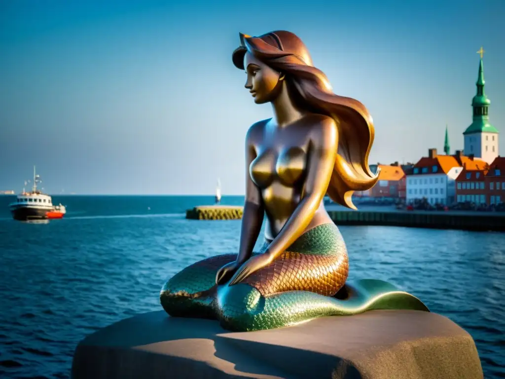 Detallada estatua de la Sirena de Copenhague, con expresión melancólica, en paisaje costero