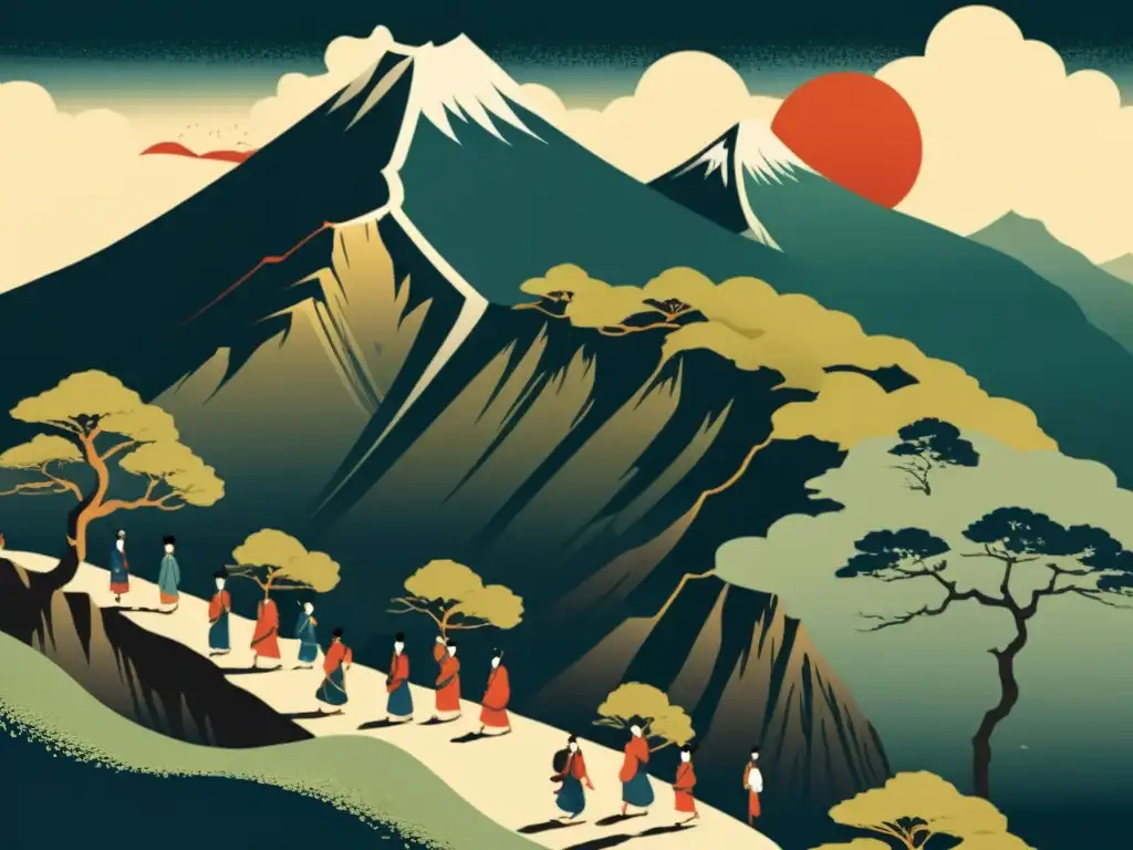 Ilustración detallada estilo documental de un paisaje montañoso en el Japón antiguo, mostrando la práctica de Ubasuteyama