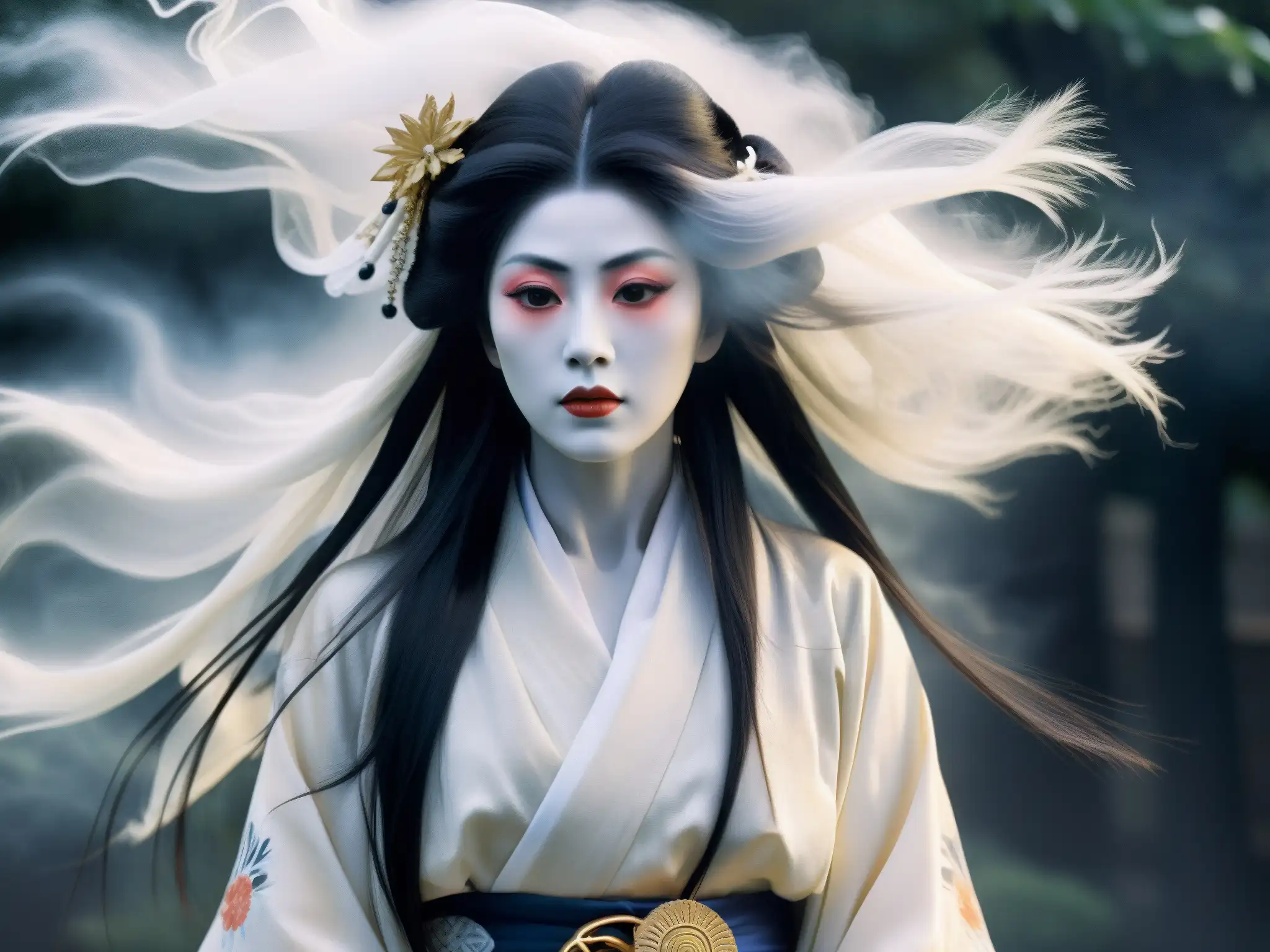 Detallada representación de un fantasma Ubume japonés con kimono blanco y cabello negro, rodeado de niebla etérea