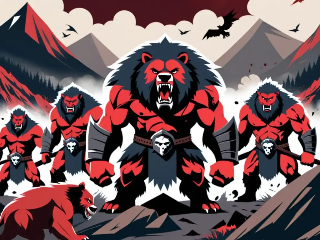 Ilustración detallada de berserkers en frenética batalla, transformados en feroces formas de oso, reflejando su naturaleza caótica y violenta
