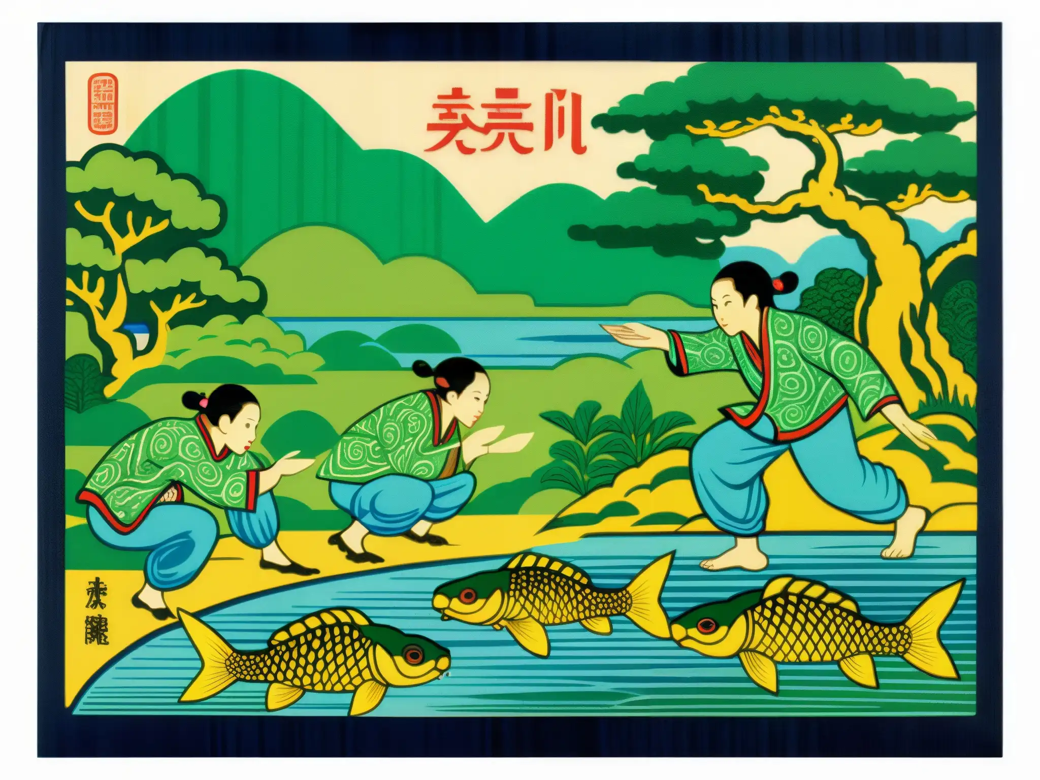 Ilustración detallada de kappa interactuando con humanos en un río, rodeados de exuberante naturaleza y arquitectura japonesa