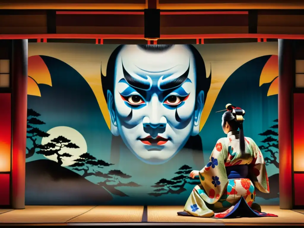 Detallada imagen de un escenario de teatro kabuki japonés con el espíritu vengativo de Oiwa en escena, creando una atmósfera impactante